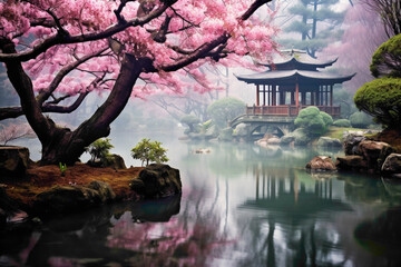 Misty morning in a serene Japanese garden with a tranquil pond and cherry blossoms