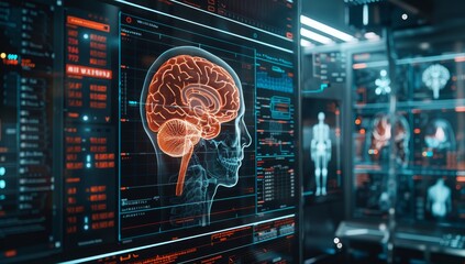 An advanced display showing a high-tech AI interface with detailed brain imagery and data, showcasing the use of artificial intelligence in the style of neurographic exploration for patient care.  - obrazy, fototapety, plakaty