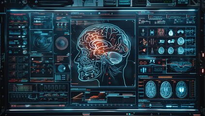 An advanced display showing a high-tech AI interface with detailed brain imagery and data, showcasing the use of artificial intelligence in the style of neurographic exploration for patient care. 