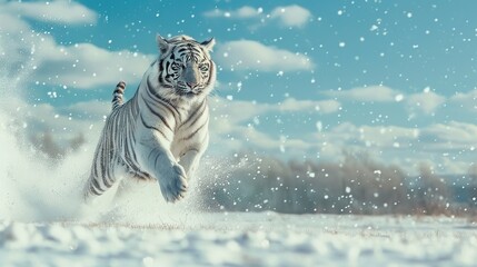 Close-up shot white tiger running and jumping in snow - obrazy, fototapety, plakaty