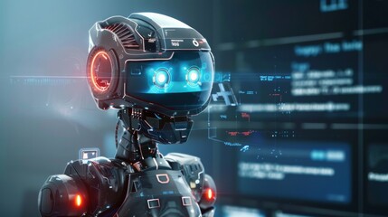 A robot with glowing eyes stands in front of a computer screen