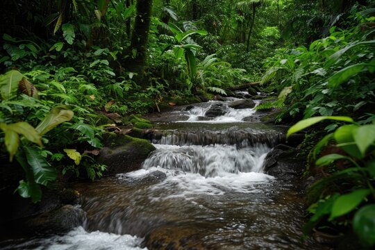 Cascading Stream In A Lush Rainforest