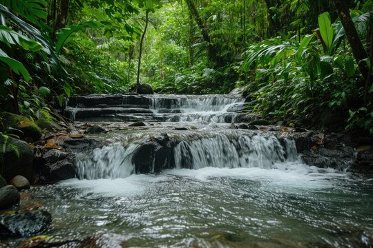 Cascading Stream In A Lush Rainforest