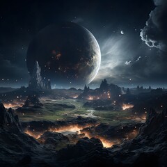 3D rendering of a dark Earth suspended in the vastness of space - obrazy, fototapety, plakaty