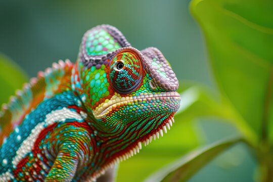 Close-Up Of A Colorful Chameleon Blending In