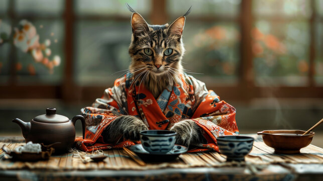 The artistic elegance of a cat dressed as a geisha, beauty of a Japanese culture