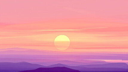 A serene sunset landscape with layers of mountains under a sky gradient from pink to purple, featuring a large, glowing sun.