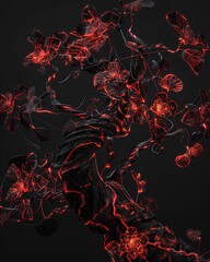 black background, black and red glowing wires in the shape of a tree with leaves and flowers