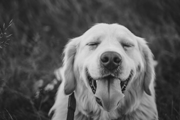 frontal portrait of a mischievous golden retriever with closed eyes