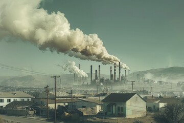 Industrial smokestacks loom over a marginalized community, revealing environmental injustice against a clear backdrop.