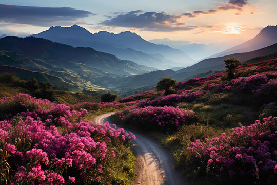 Mountainous terrain covered in vibrant wildflowers, with a winding road leading through the picturesque landscape, painted with a myriad of colors.