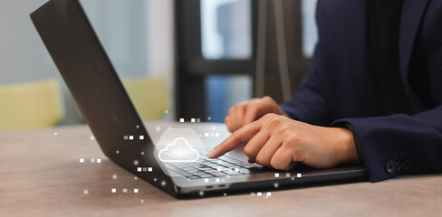 close up project manager man access to account on server application to upload and download data from cloud computing with virtual network icon for futuristic technology and lifestyle concept