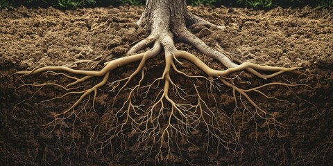 An abstract design of intertwined roots growing into a strong tree, each root labeled with values such as equality and freedom, on a clear soil background.