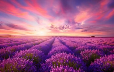 Obraz premium Beautiful lavender field at sunset with a colorful sky, in the United Kingdom, purple flowers in rows, summer landscape.