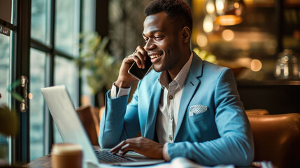 Cheerful man talking on the phone while working on a laptop in a office setting