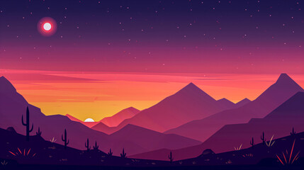 A serene desert landscape at sunset, with layered mountains under a starry sky, showcasing vibrant shades of pink, orange, and purple.