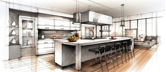 Modern Kitchen Interior Design Sketch with Island.