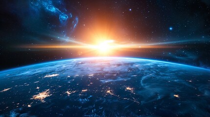 Fototapeta premium Sunrise over the planet Earth concept with a bright sun and flare and city lights panoramic