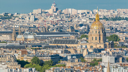 Aerial panorama above many houses rooftops in a Paris timelapse