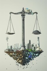 An unbalanced scale shows industrial waste on one side and a minority community on the other, revealing environmental injustice on a clear background. - obrazy, fototapety, plakaty