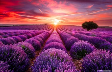 Fototapeta premium Beautiful lavender field at sunset with a colorful sky, in the United Kingdom, purple flowers in rows, summer landscape.