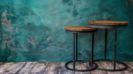 Two wooden stools rest on a rustic wooden floor, creating a simple yet charming scene