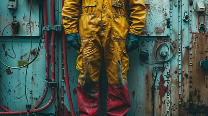 A man in a yellow coverall stands proudly in front of a door