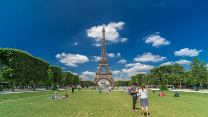 Eiffel Tower on Champs de Mars in Paris timelapse hyperlapse, France