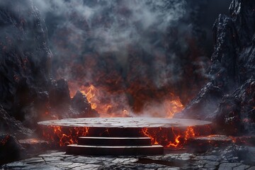 An awe-inspiring 3D scene unfolds, presenting a volcanic lava podium set against a dramatic backdrop of molten magma and billowing smoke