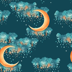 Half moon and clouds seamless pattern. Cute background. - 756673313