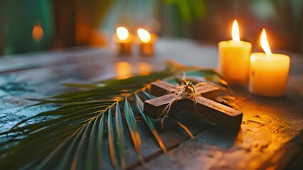 Wooden cross, candle and palm leaves