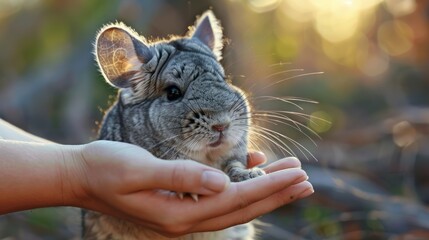 Petting zoo with hands gently stroking the soft fur of a chinchilla