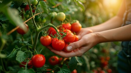 Home garden with hands plucking ripe cherry tomatoes