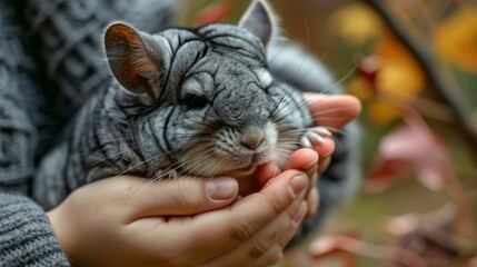 Petting zoo with hands gently stroking the soft fur of a chinchilla
