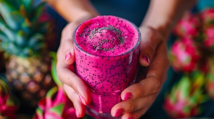 Smoothie bar with hands holding a vibrant dragon fruit smoothie.