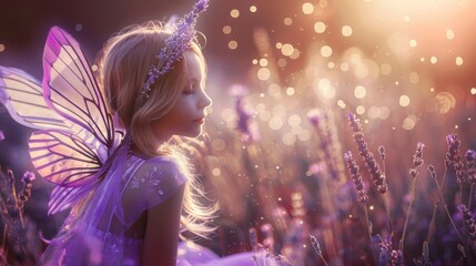 A young girl wearing a magical fairy costume with wings, twirling in a garden - obrazy, fototapety, plakaty