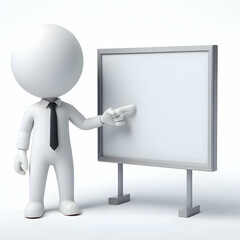 3d Man Holding Blank Board, Pointing Finger