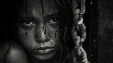 Kinderarmut durch Portrait von Kind im Krieg mit traurigem leerem Gesichtsausdruck Migration Generative AI - obrazy, fototapety, plakaty