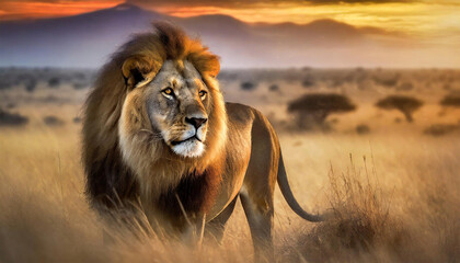 Lion (Panthera leo) on the savanna in the soft morning light.