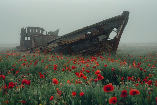 Old shipwreck amidst a field of vibrant red poppies, a poignant contrast between human history and nature's resilience

