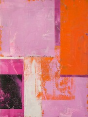 Geometric abstract painting featuring pink, orange, and black squares arranged in a structured composition.