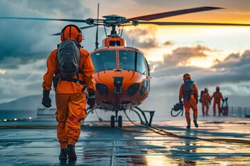 Helicopter crew in hi-vis uniforms preparing for takeoff at dawn on a wet tarmac