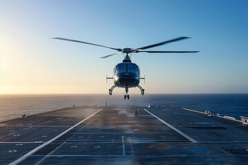 Helicopter hovering above a ship deck during a dynamic sea mission