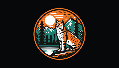 Circle with bobcat, wildcat, mountain, forest, trees logo design art, round design
