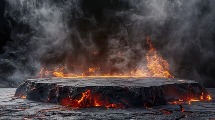 A spectacular 3D stage setup materializes, featuring a volcanic lava podium situated amidst a landscape of fiery flames and billowing smoke.