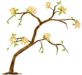 Autumn Tree with Yellow flowers watercolor illustration for Decorative Element