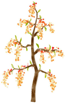 Autumn Tree with Yellow flowers watercolor illustration for Decorative Element