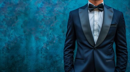 A man in a tuxedo stands confidently in front of a vibrant blue wall - Powered by Adobe