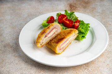 cutlet cordon bleu chicken meat, ham slice, cheese fresh food tasty eating cooking appetizer meal...