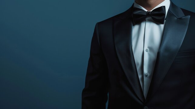 A sophisticated man in a tuxedo poses gracefully for the camera